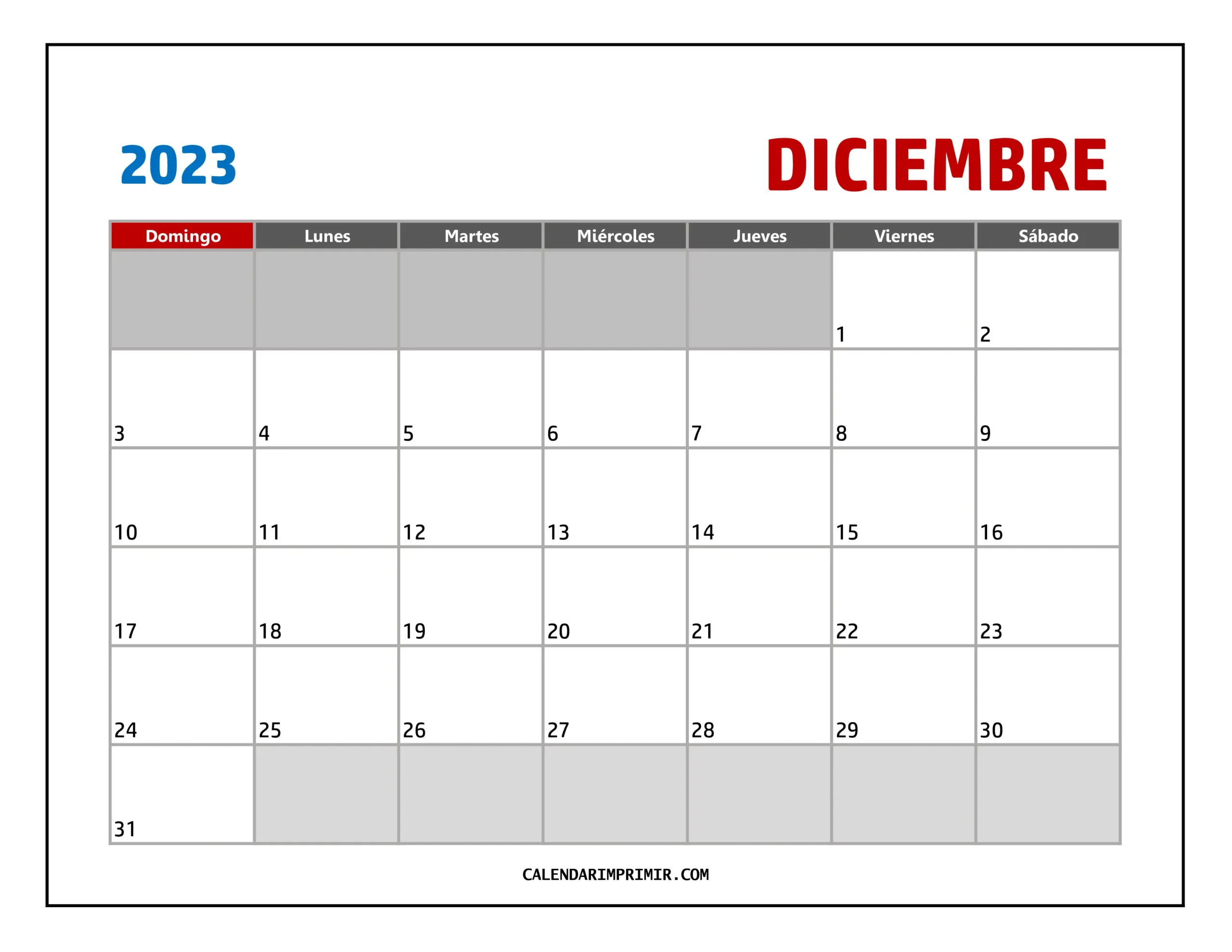 Calendario Diciembre 2023 Formato Imprimible Descarga Gratis