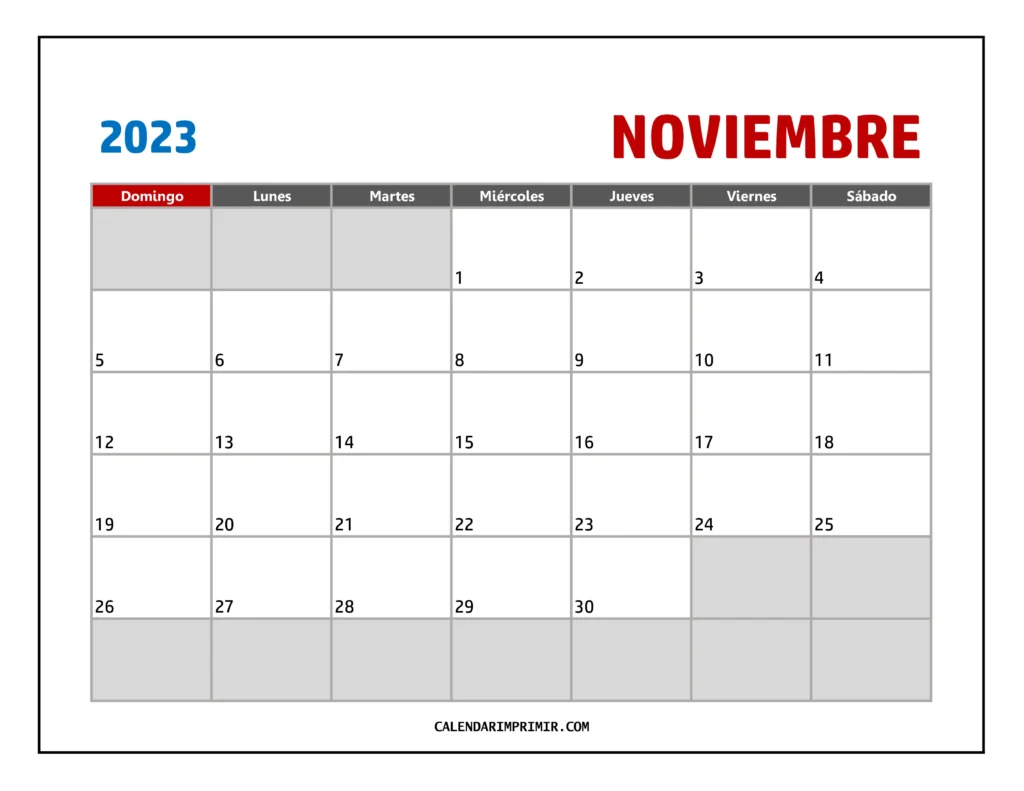 Calendario Noviembre 2023 listo para imprimir