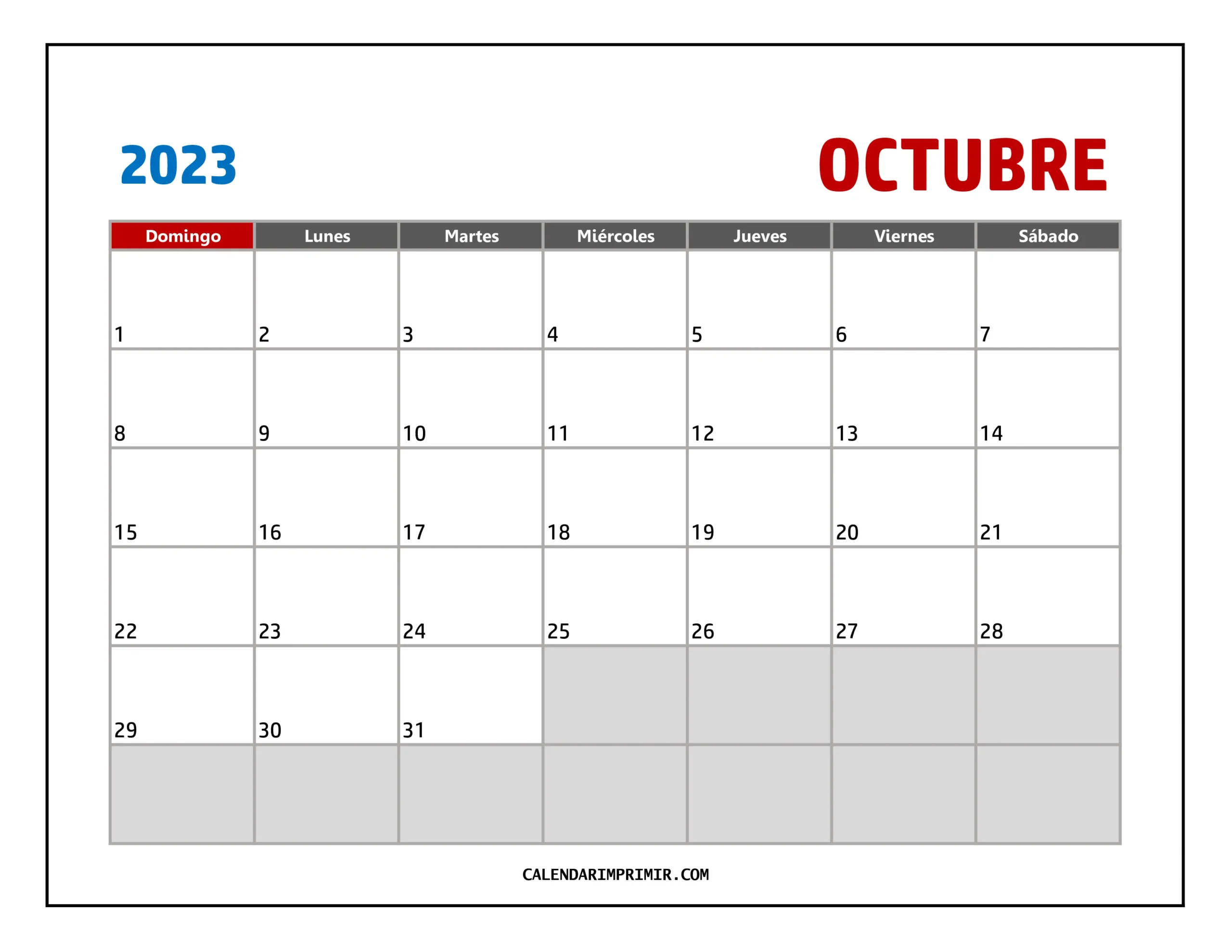 Imagen del Calendario Octubre 2023 listo para imprimir con elegante diseño