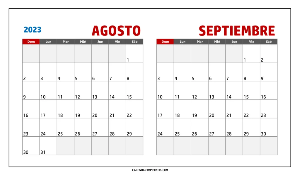 Calendario Agosto y Septiembre 2023 Para Imprimir