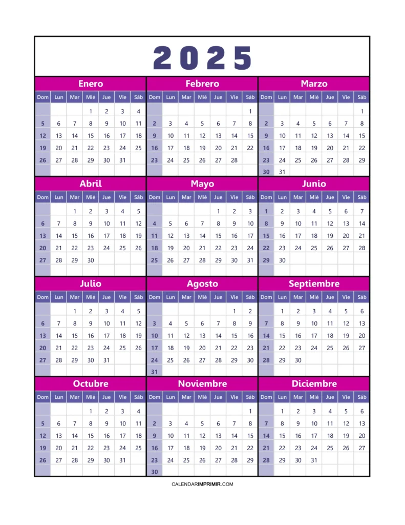 Calendario Anual 2025 Para Imprimir Gratis