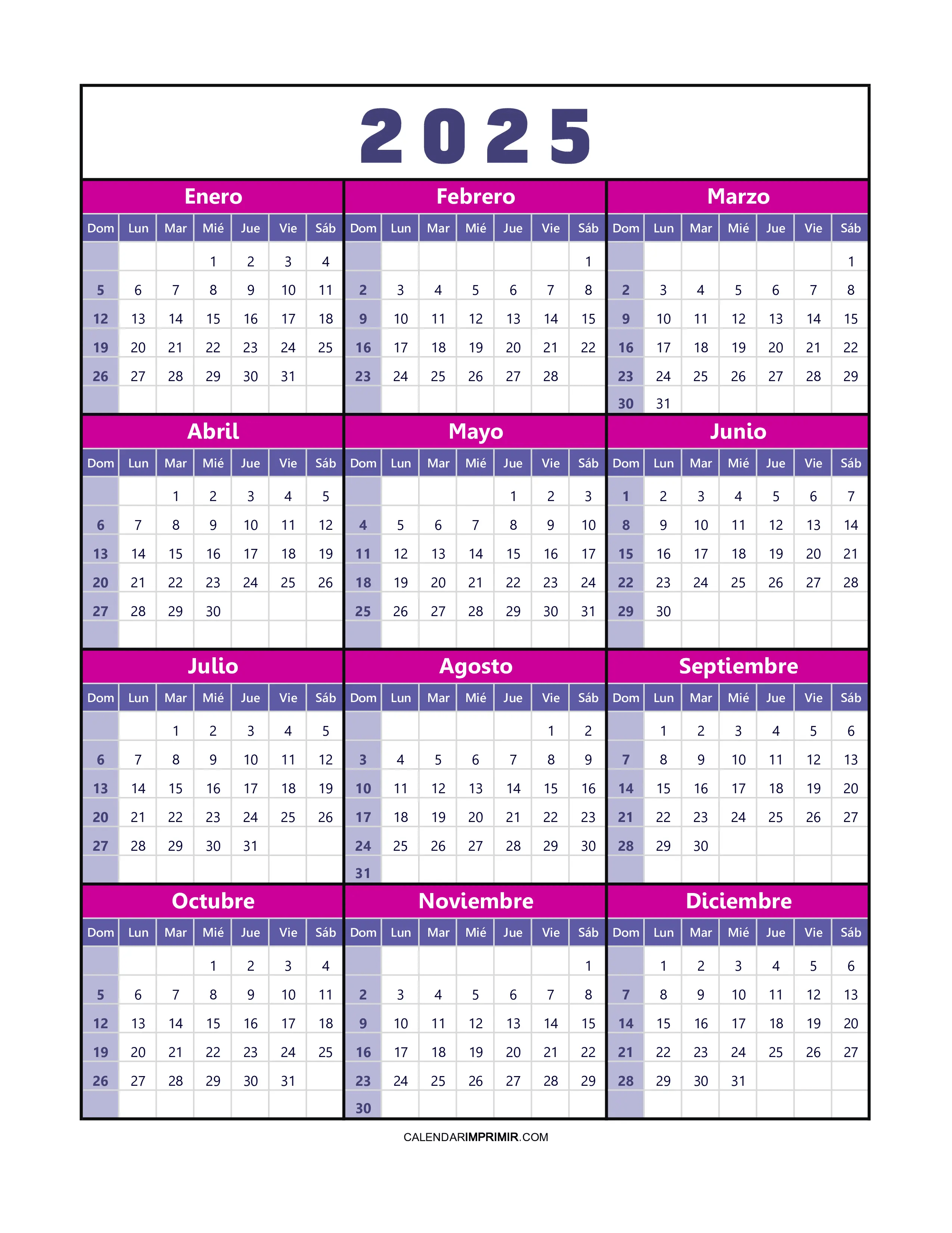 Calendario Anual 2025 Para Imprimir Gratis — Pdf Excel Png 4854