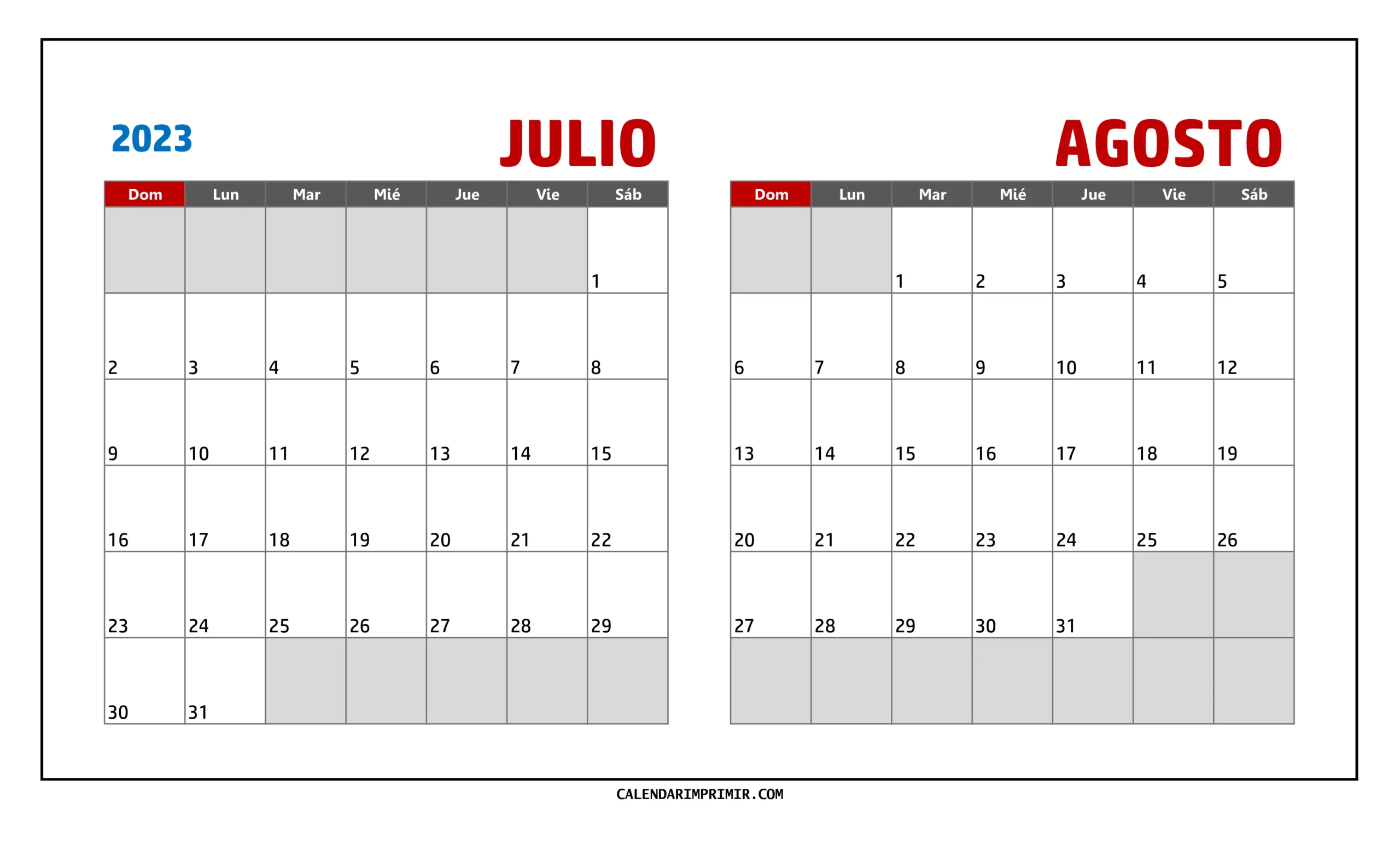 Calendario imprimible de Julio y Agosto 2023 en disposición horizontal para una visión amplia de ambos meses
