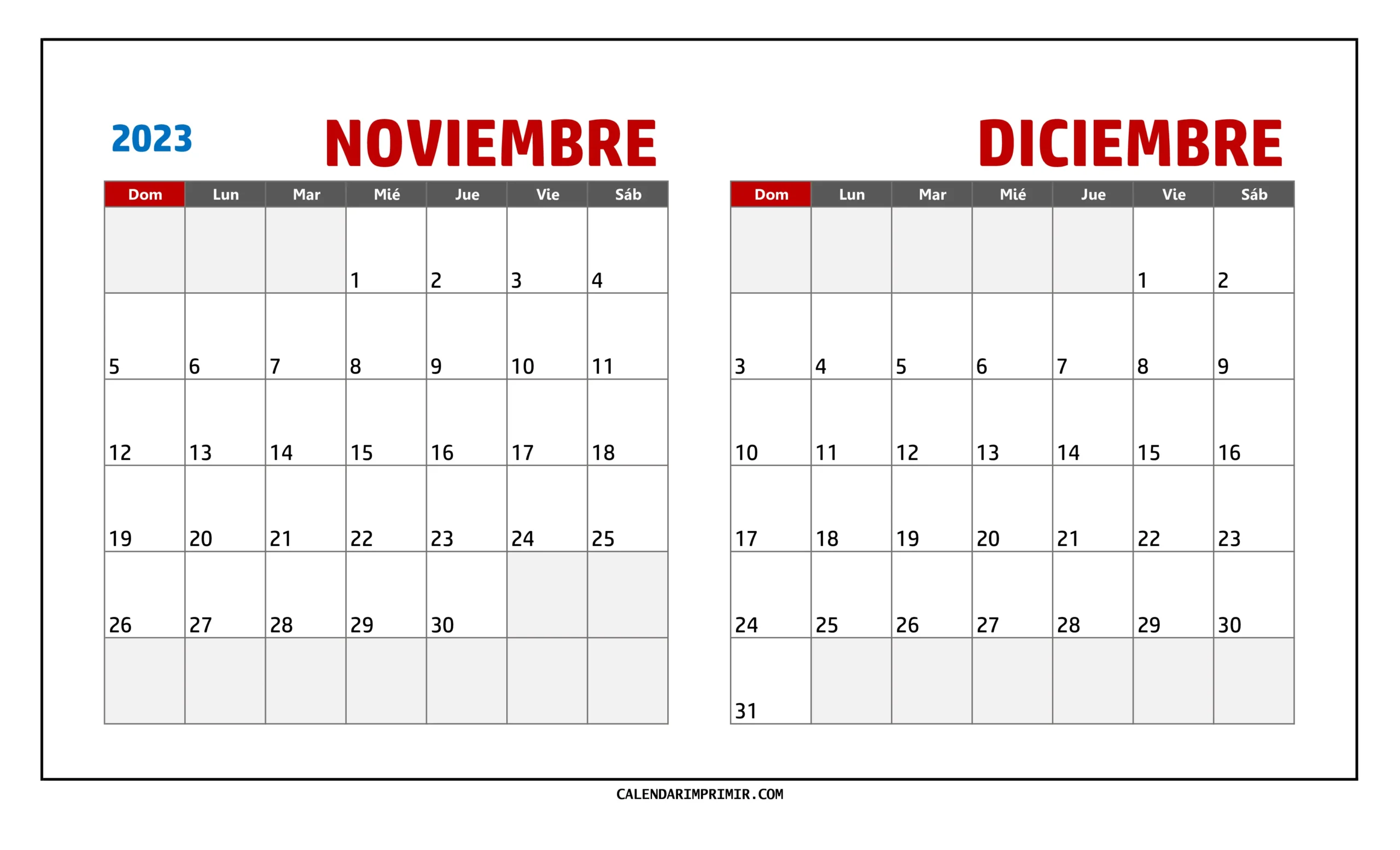 Calendario Noviembre y Diciembre 2023 Para Imprimir, un calendario de dos meses con días y fechas claramente marcados.