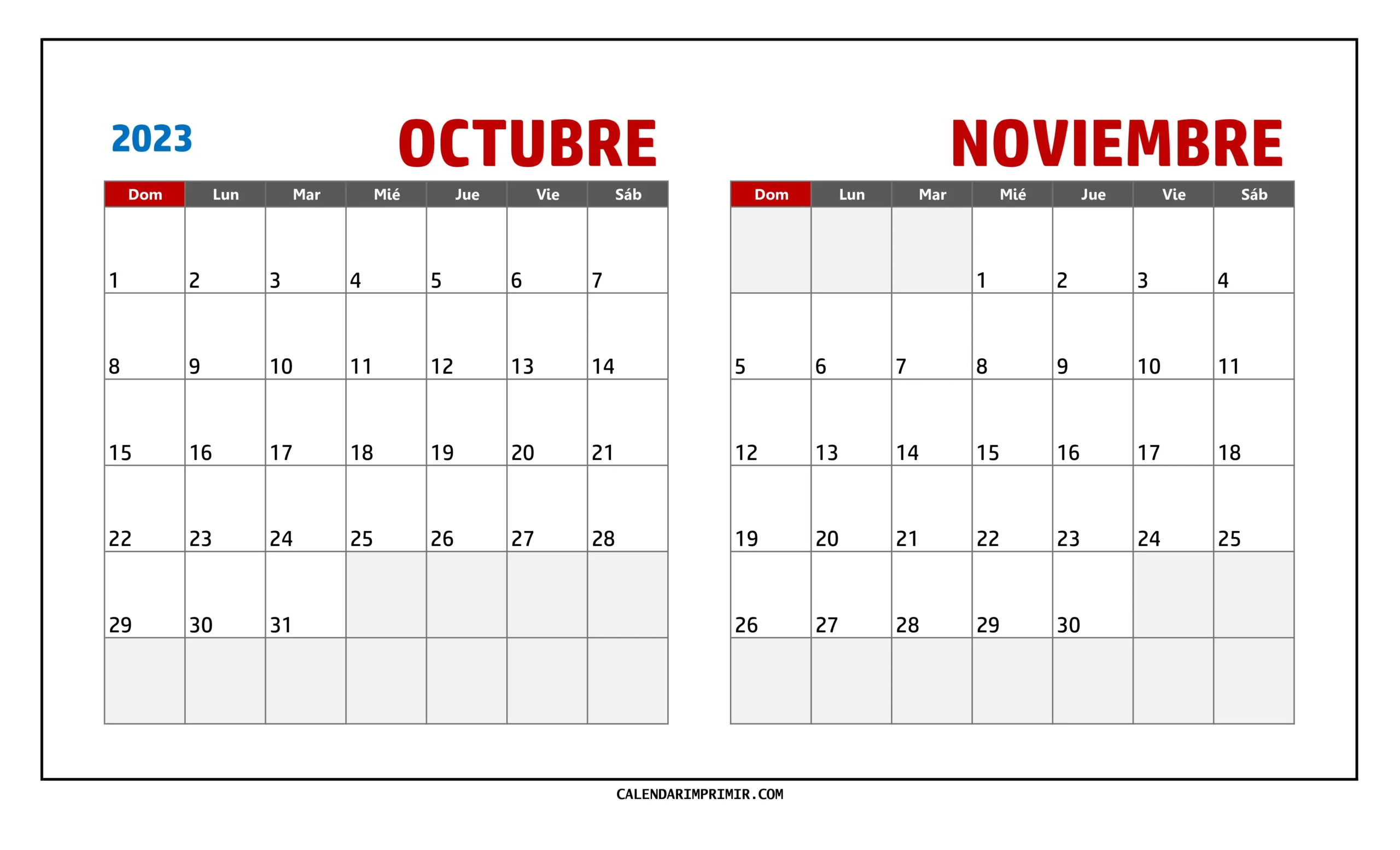 Gráfico de Calendario Octubre y Noviembre 2023 listo para imprimir, proporcionado por Calendar Imprimir.