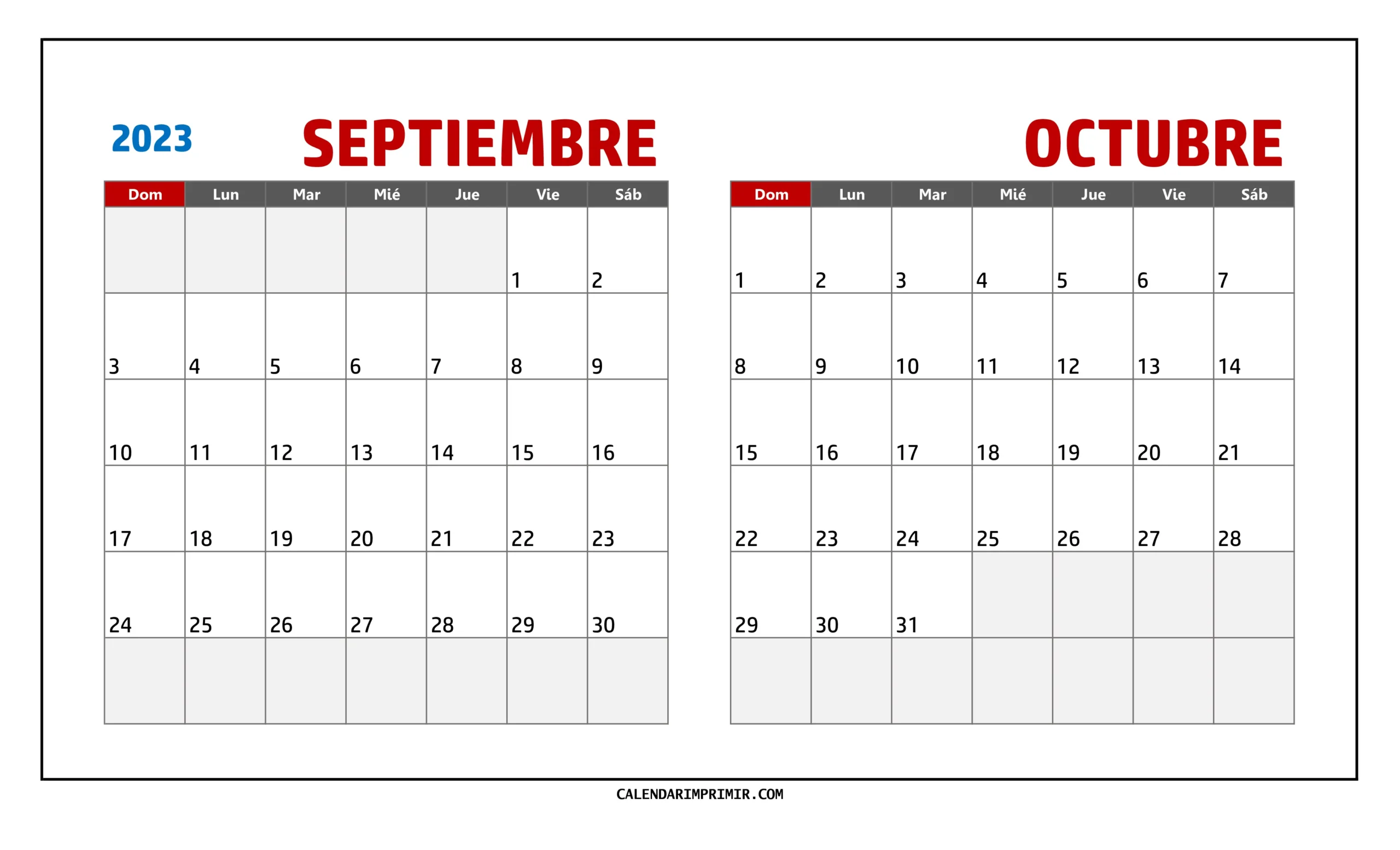 Calendario Septiembre y Octubre 2023 Para Imprimir en formato paisajístico en una sola hoja