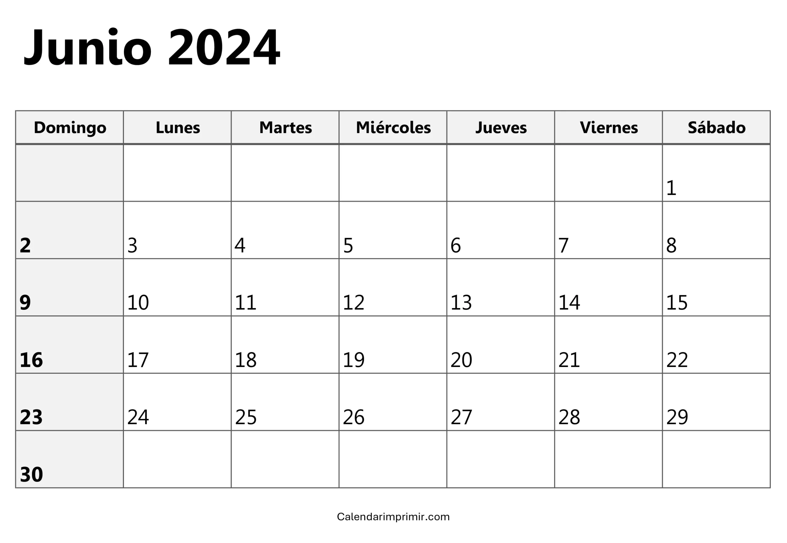 Calendario Junio 2024 para imprimir