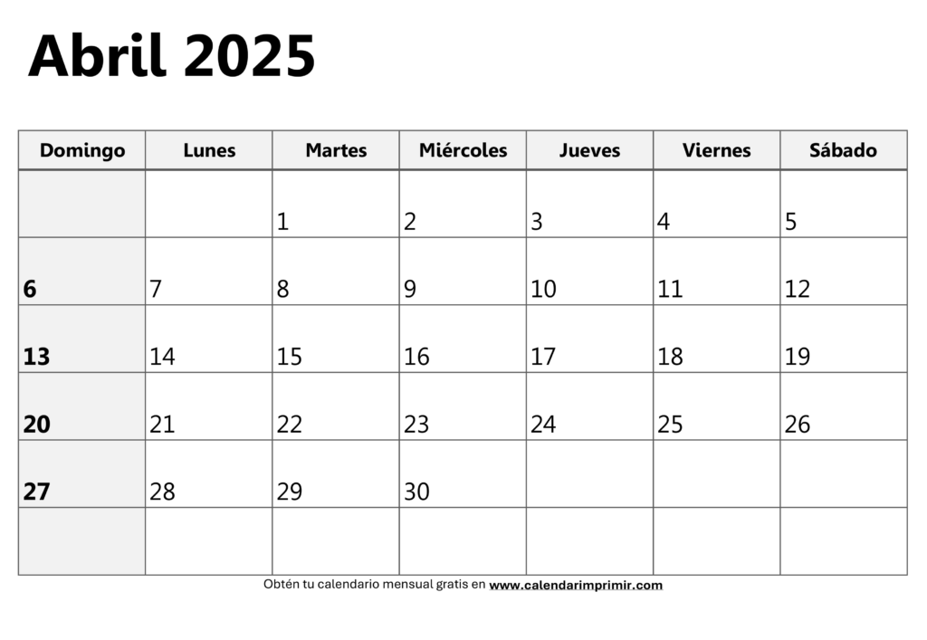 Calendario abril 2025 para imprimir