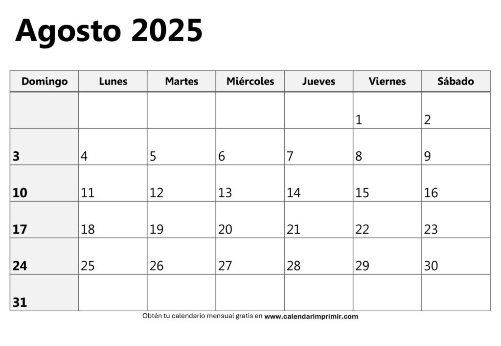 Calendario agosto 2025 para imprimir