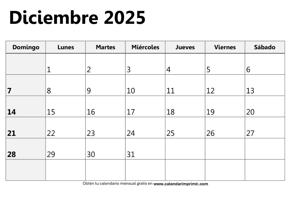 Calendario diciembre 2025 para imprimir