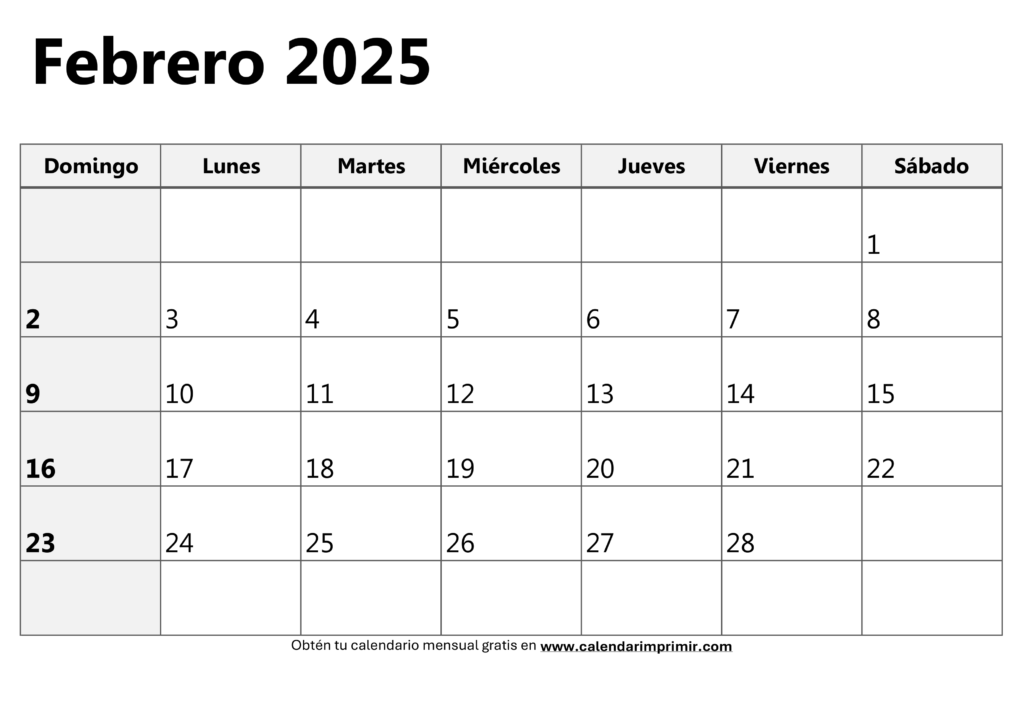 calendario febrero 2025 para imprimir