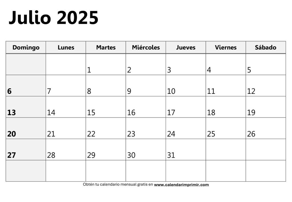 Calendario julio 2025 para imprimir