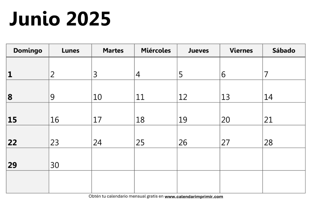 Calendario junio 2025 para imprimir