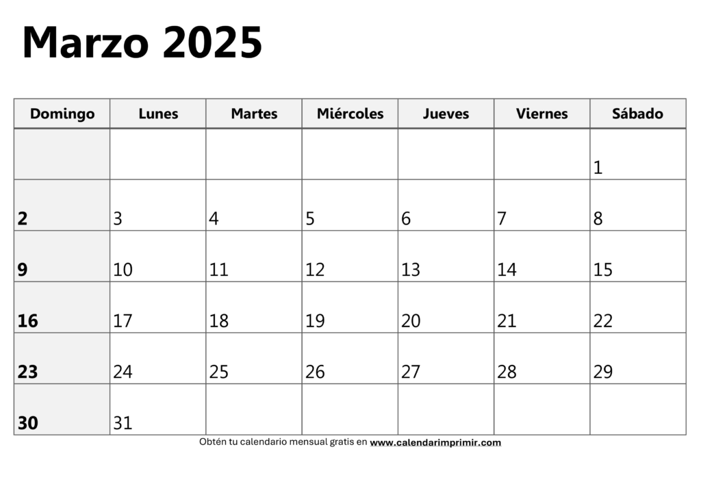 Calendario marzo 2025 para imprimir