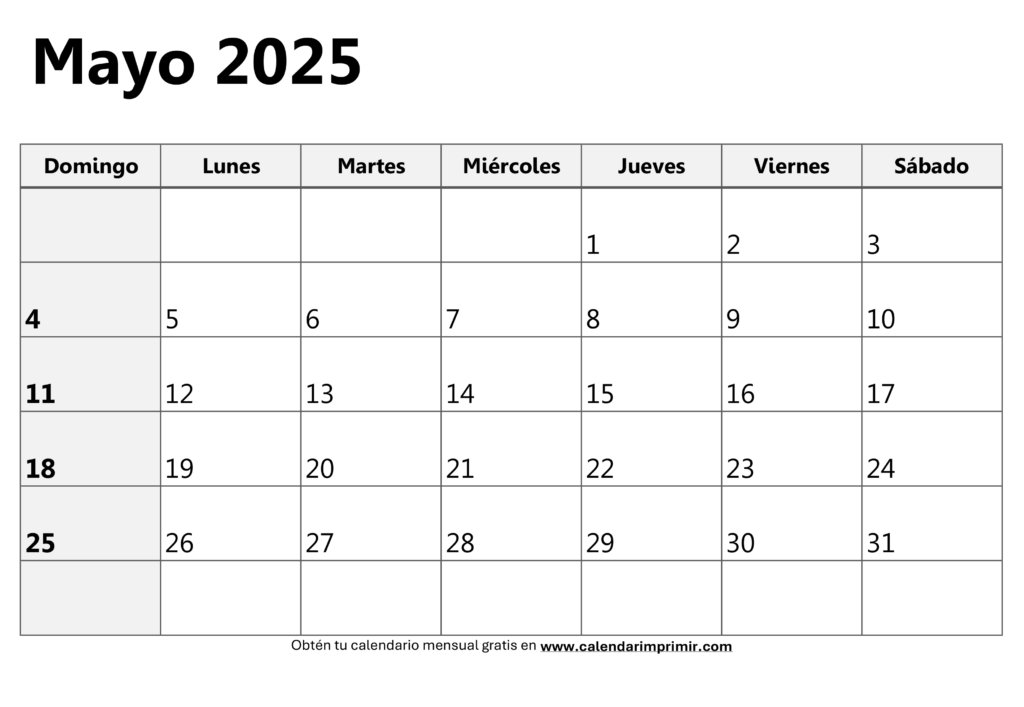 Calendario mayo 2025 para imprimir