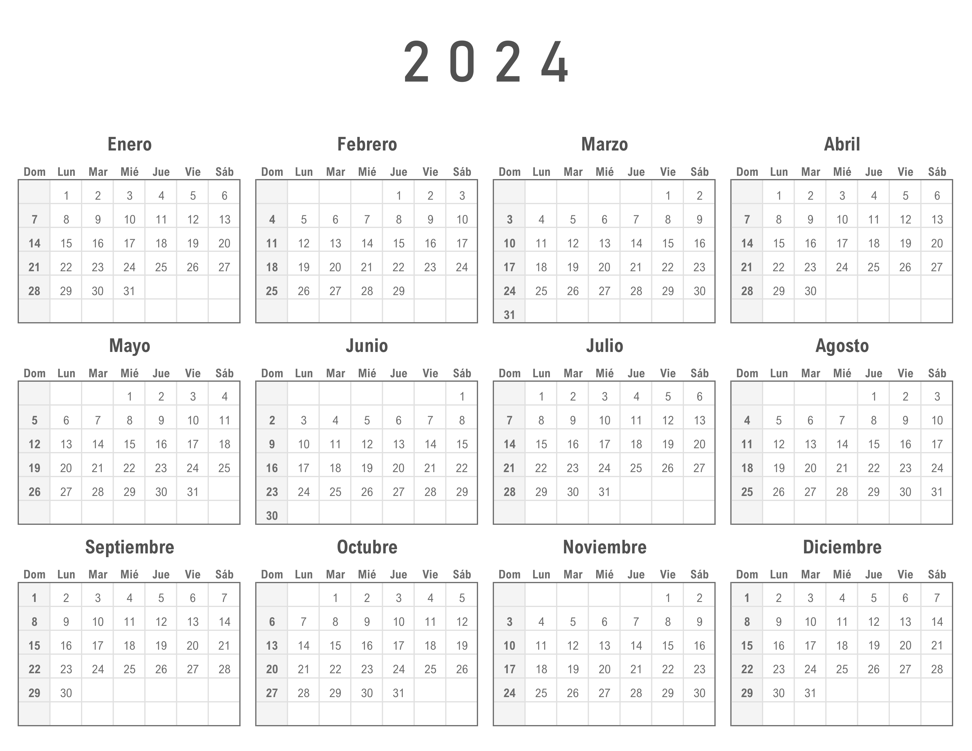 Calendario Mensual 2024 para Imprimir Formato PDF Gratis
