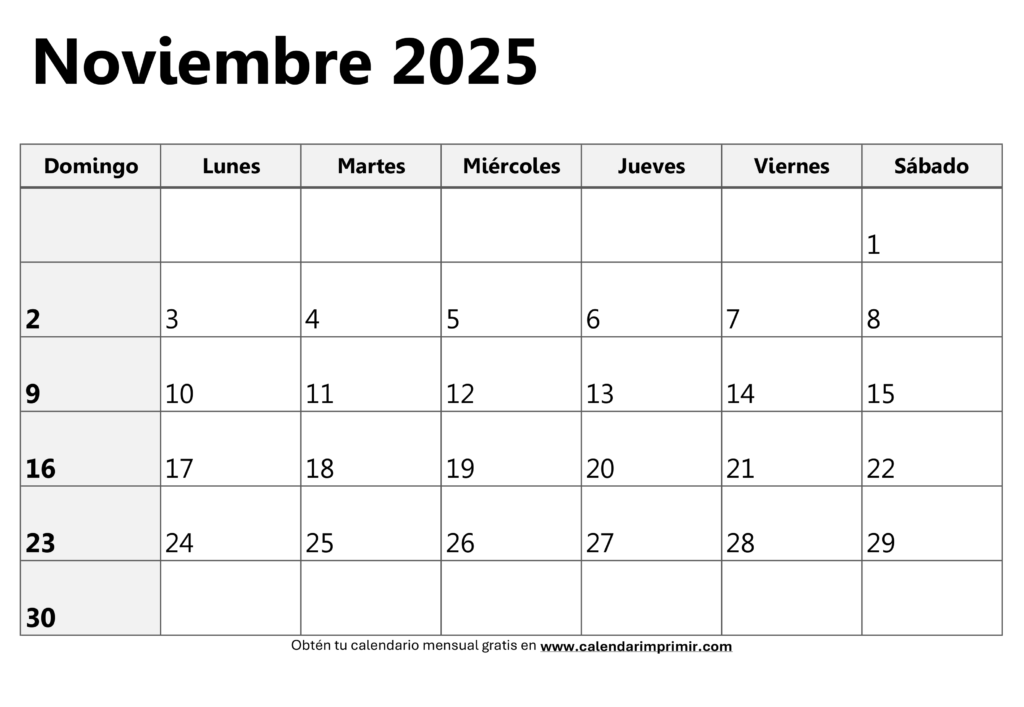 Calendario noviembre 2025 para imprimir