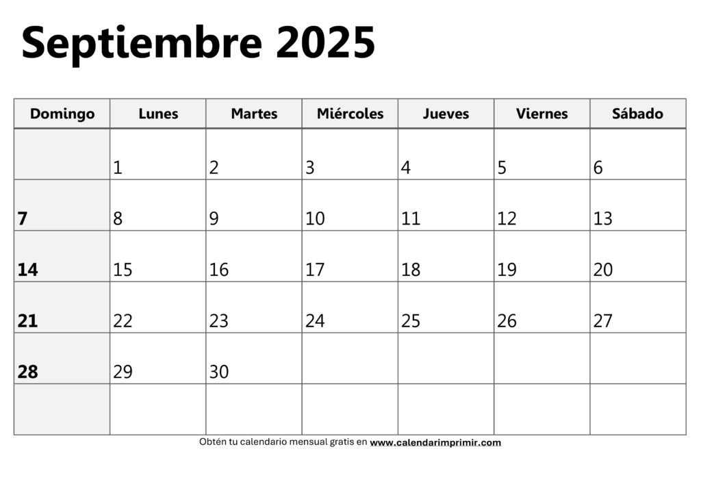 Calendario septiembre 2025 para imprimir
