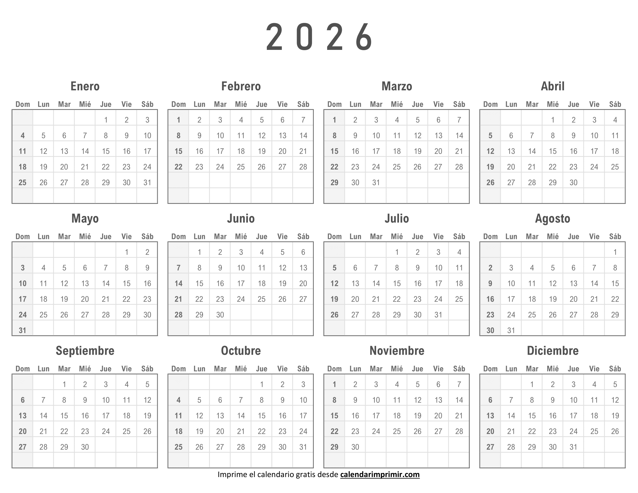 Calendario 2026 para imprimir gratis