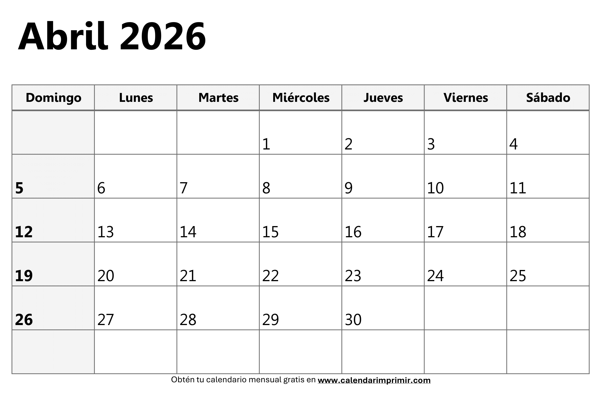 Calendario Abril 2026 para imprimir