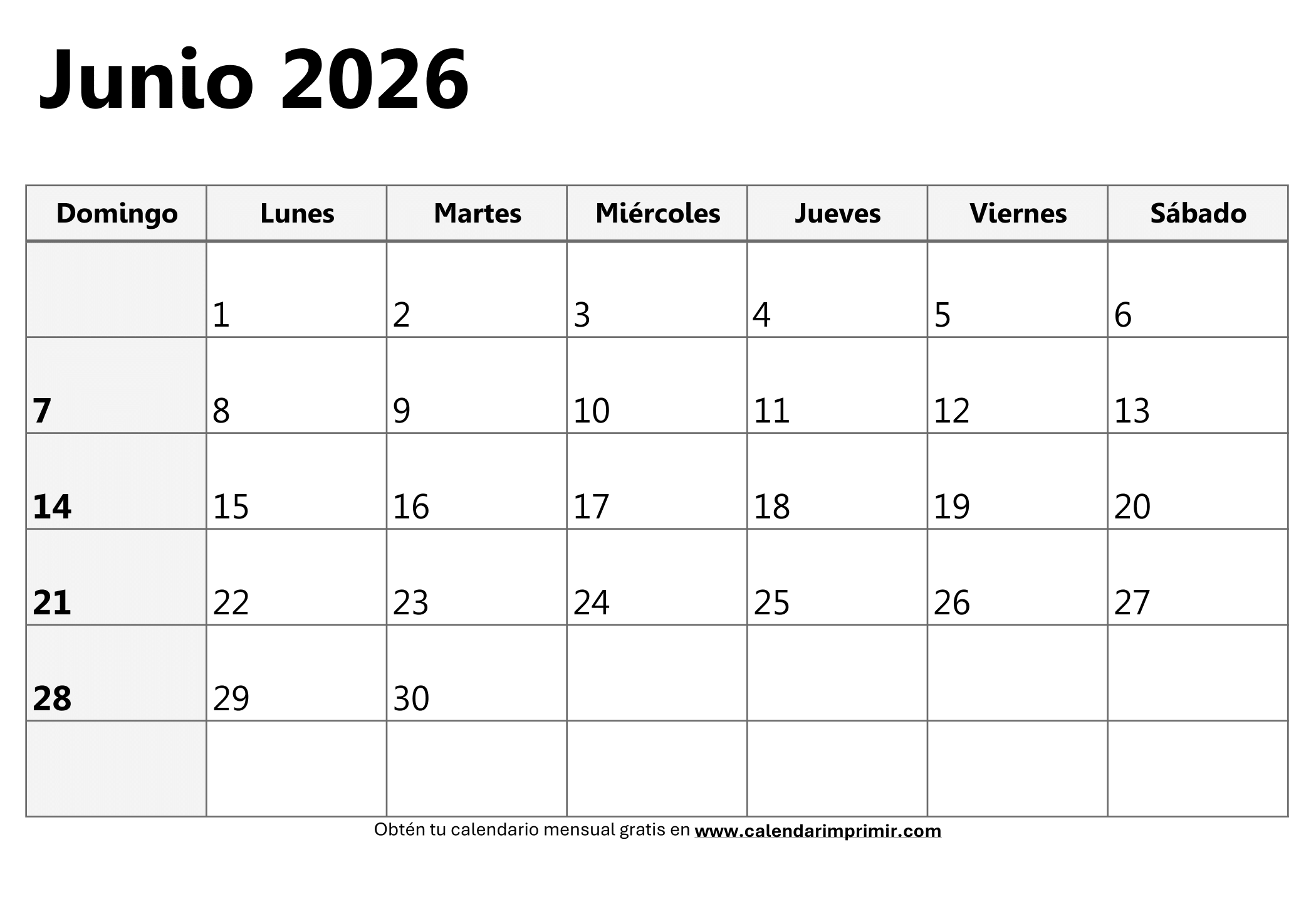 Calendario Junio 2026 para imprimir