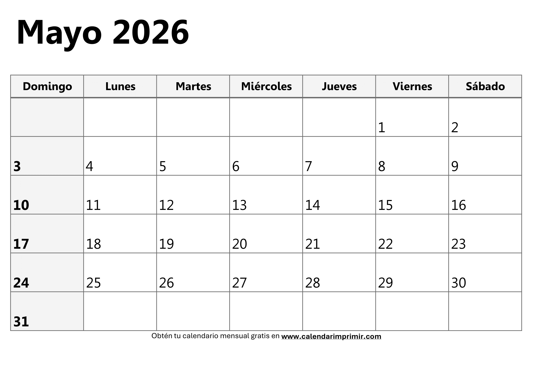 Calendario Mayo 2026 para imprimir