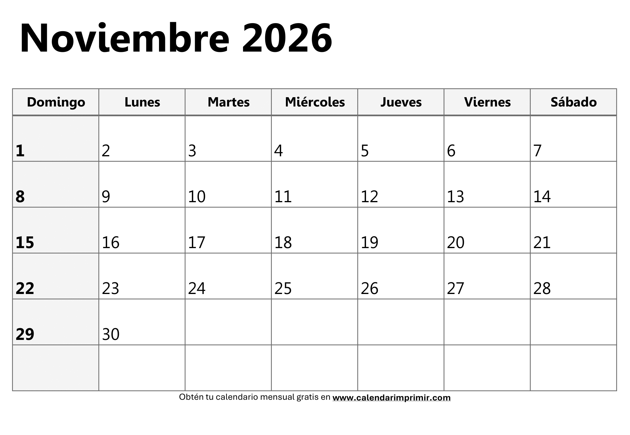 Calendario Noviembre 2026 para imprimir