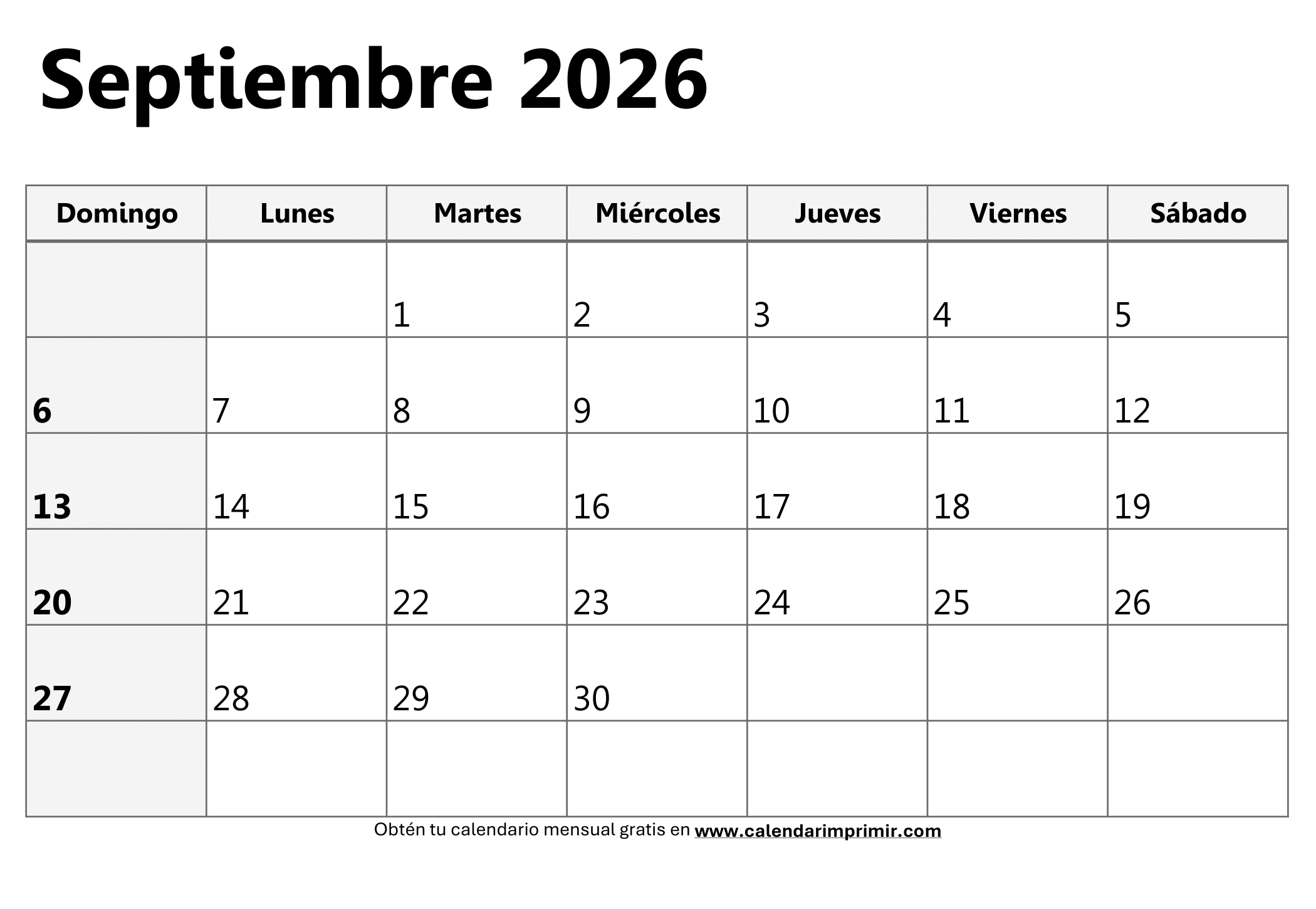 Calendario Septiembre 2026 para imprimir